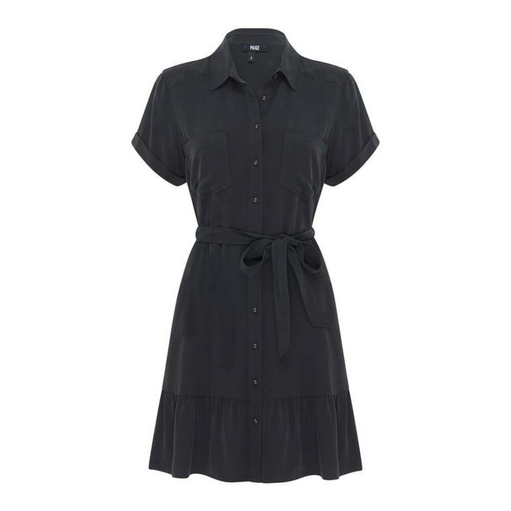 Paige Callan Black Button Front Short Sleeve Belted Pleated Hem Mini Dress Small